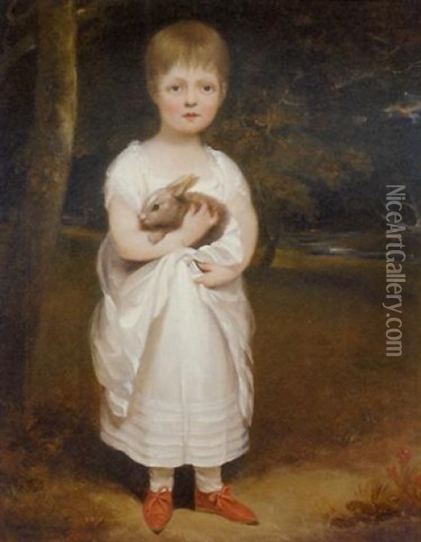 Portrait Of Ann Campen, Of Bristol, Holding A Rabbit, In A White Dress And Red Shoes, In A Wooded Landscape Oil Painting - John Opie