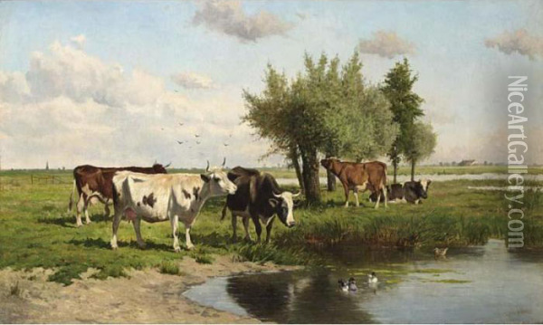 Cows In A Summer Landscape Oil Painting - Johannes-Hubertus-Leonardus de Haas