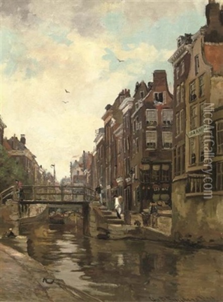 Delfsche Vaart, Rotterdam - Daily Activities Along A Dutch Canal Oil Painting - Chris Snijders