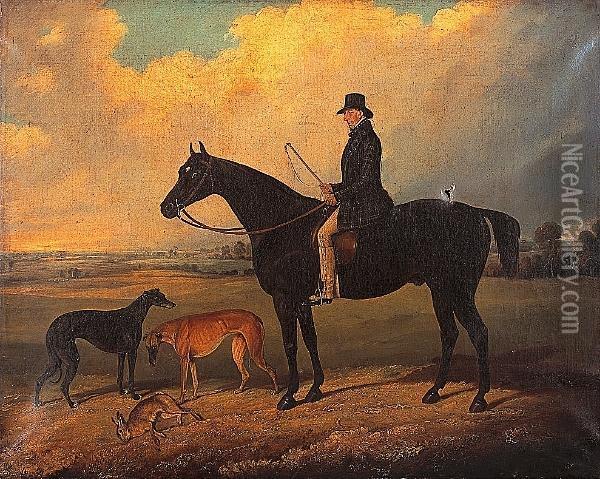 Portrait Of A Gentleman On A Dark Bay Hunter After A Day's Coursing Oil Painting - Edwin M. Fox