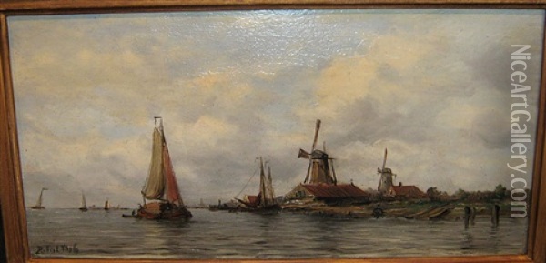 Riviere, Bateaux Et Moulins Dans Un Paysage Oil Painting - Robert Charles Gustave Laurens Mols