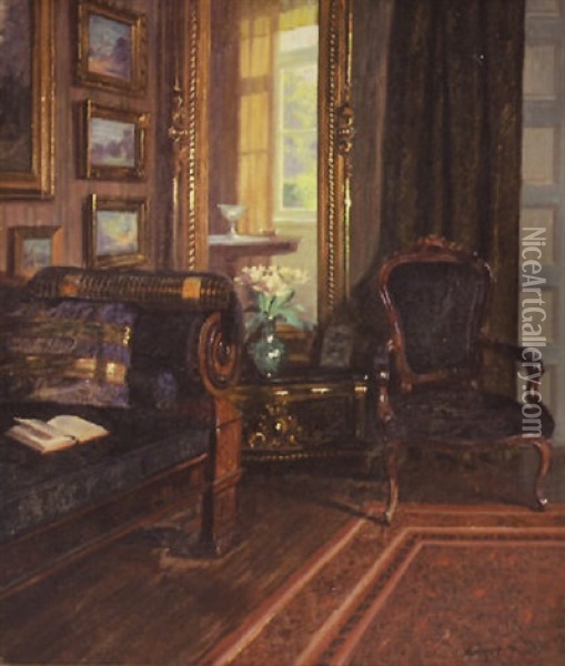 Interior From The Artist's Home With Daybed, Pier Mirror And Fauteuil-en-cabriolet Oil Painting - Robert Panitzsch