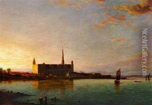 Coastal Scene With A Castle In The Sunset Oil Painting - Georg Sasnick