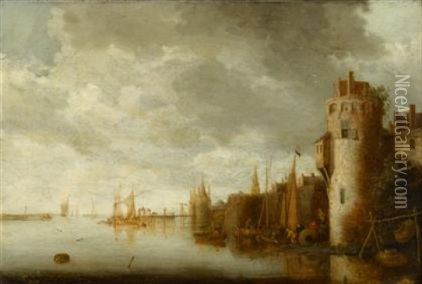 Fishermen At A River Estuary Near A Fortified Town Oil Painting - Wouter Knijff