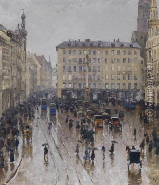 View Of The Marienplatz In Munich Oil Painting - Charles Guy Vetter