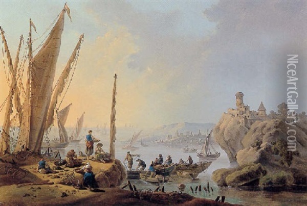 A View Of The River Tagus, Portugal, With Fishermen Drawing Their Nets And Figures Along The Rocky Coast Oil Painting - Jean Baptiste Pillement