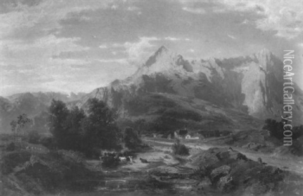 Kuhe An Der Tranke Vor Einem Dorf Zu Fusen Der Eibspitze Oil Painting - Leopold Rottmann