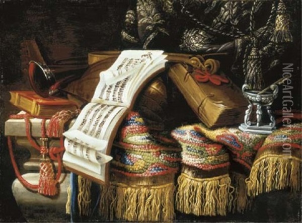 A Still Life With Musical Instruments, A Score, A Book, An Inkwell And A Rug Draped Over A Stone Ledge Oil Painting - Jacques Hupin