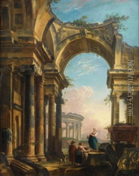 Lavandieres Dans Un Paysage De Ruines Romaines Avec Un Temple De Vesta Oil Painting - Pierre Antoine Demachy