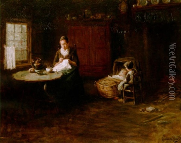 A Family In A Laren Interior Oil Painting - Bernard de Hoog