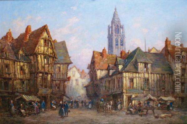 Place Du Marche Animee En Normandie Oil Painting - Pierre Leboeuff