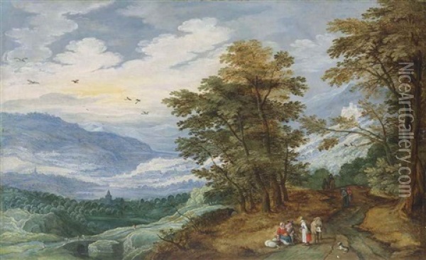 A Wooded Landscape With Figures Resting By A Path, Villages In The Mountains Beyond Oil Painting - Joos de Momper the Younger