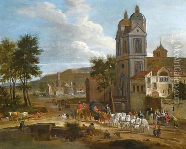 A Landscape With A Cart Drawn By Six White Horses Leaving A Town, A Fisherman And A Drover By A Pond Oil Painting - Pieter Bout