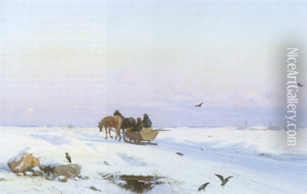 Vinterlandskab Med Hestetrukket Kane Oil Painting - Hans Gabriel Friis