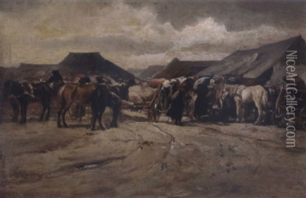 Markttag Vor Einem Ungarischen Dorf Oil Painting - August Xaver Carl von Pettenkofen