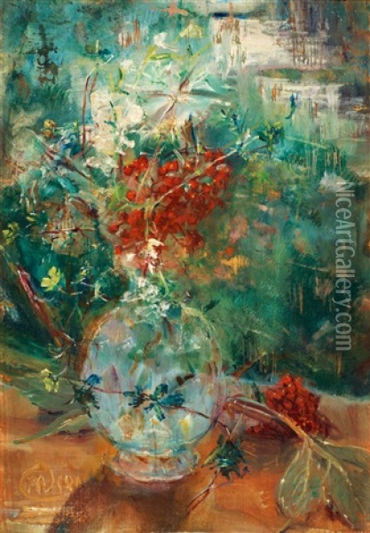 Blomsterstilleben Med Ronnbar Oil Painting - Mina Carlson-Bredberg