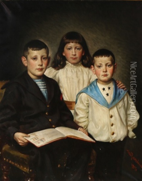 Portrait Of Three Siblings Oil Painting - Vilhelm Rosenstand