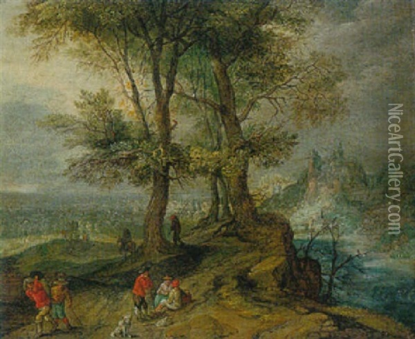 A Wooded Landscape With Travellers On A Path Oil Painting - Jan Brueghel the Elder