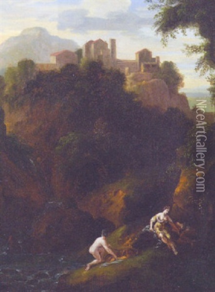 A View Of Tivoli With Nymphs Bathing At The Foot Of The Waterfall Oil Painting - Johan van Haensbergen