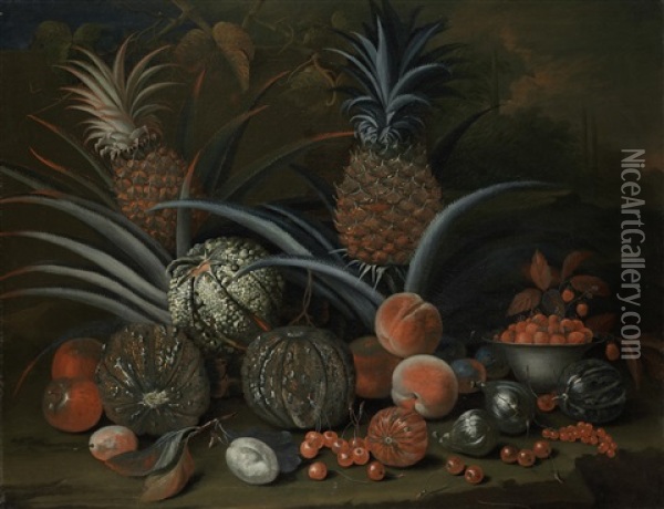 Strawberries In A Porcelain Bowl, With Pineapples, Melons, Peaches And Figs, Before A Tropical Landscape Oil Painting - George William Sartorius