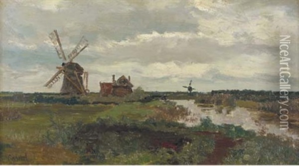 Windmills In A Polder Landscape Oil Painting - Paul Joseph Constantin Gabriel