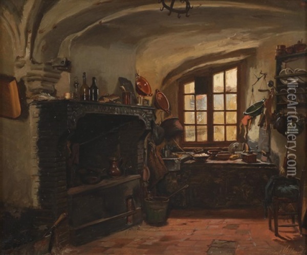 Interior Oil Painting - Henrik August Helland