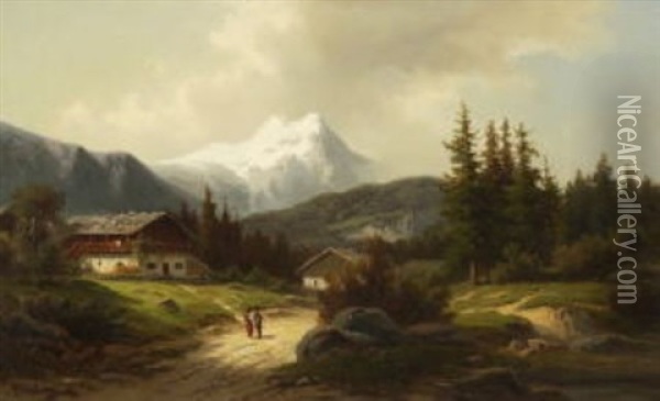 Wanderer Bei Der Alm Oil Painting - Julius Schoenrock