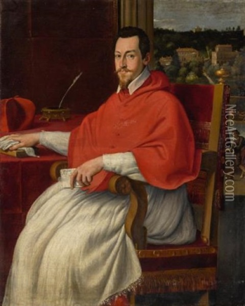 Portrait Of Cardinal Odoardo Farnese (1583-1626), Three-quarter Length, Seated In The Camerino Degli Eremiti In Palazzetto Farnese, Before A Window, With The Court Entertainer 