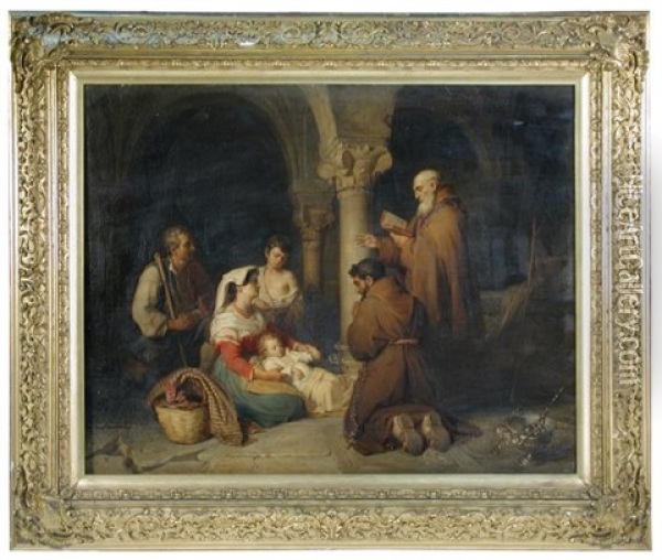 A Neapolitan Peasant Family Being Blessed By Two Franciscan Monks Oil Painting - Ludwig Bruls