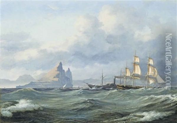 A Bark And A Steam Ship Passing The Rock Of Gibraltar Oil Painting - Daniel Hermann Anton Melbye