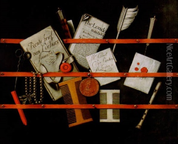 Trompe L'oeil Stilleben Med Brev, Lackstang, Musikinstrument Och Andra Foremal Oil Painting - Edward Collier