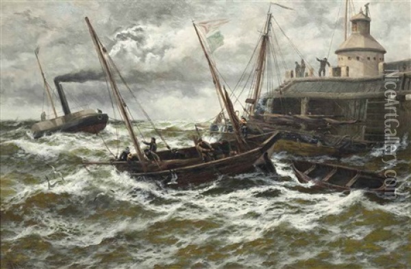 Towing Out, Against Wind And Tide, Yarmouth Haven Oil Painting - Thomas Rose Miles