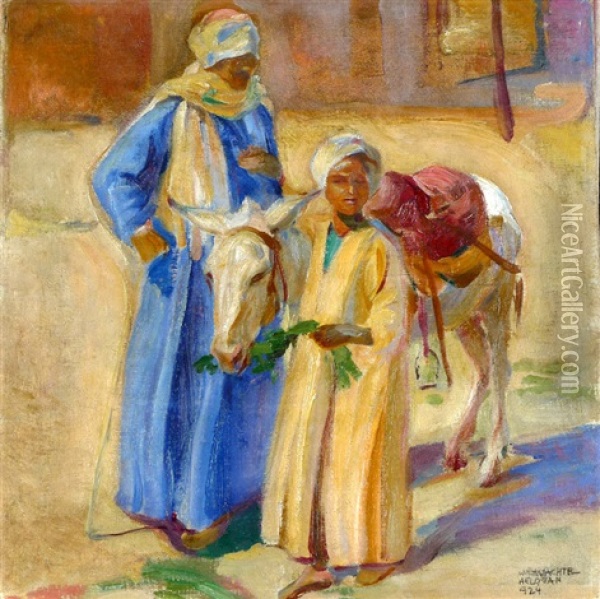 Figures And A Donkey Oil Painting - Wilhelm Wachtel