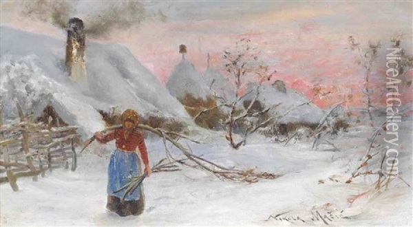 Gathering Firewood In Winter Oil Painting - Nikola Masic