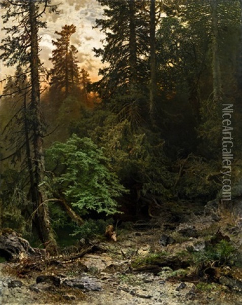 Waldlichtung Mit Hirsch Oil Painting - Robert Russ