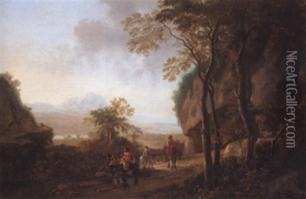 An Extensive River Landscape With Travellers On A Path In The Foreground Oil Painting - Jan Dirksz. Both