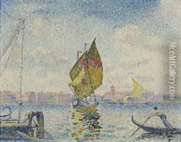 Barques A Voiles Sur La Giudecca Ou Venise, Marine Oil Painting - Henri-Edmond Cross