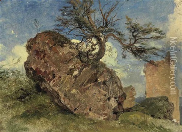 Rock And Tree (study) Oil Painting - Sir Edwin Henry Landseer