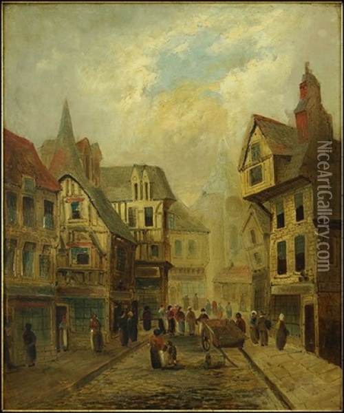 Street Scene, Edinburgh Oil Painting - Alfred Montague