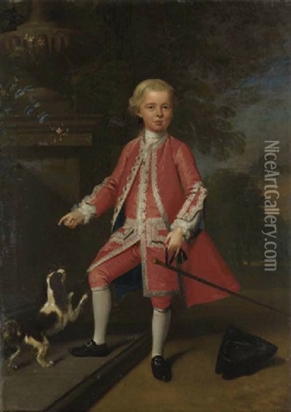 Portrait Of A Boy In A Pale Silver Embroidered Coat, Waistcoat, And Breeches, With A Spaniel, A Staff In His Right Hand And A Tricorn At His Feet Oil Painting - William Verelst