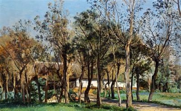 Old Farmhouse Behind Trees Oil Painting - Janus la Cour