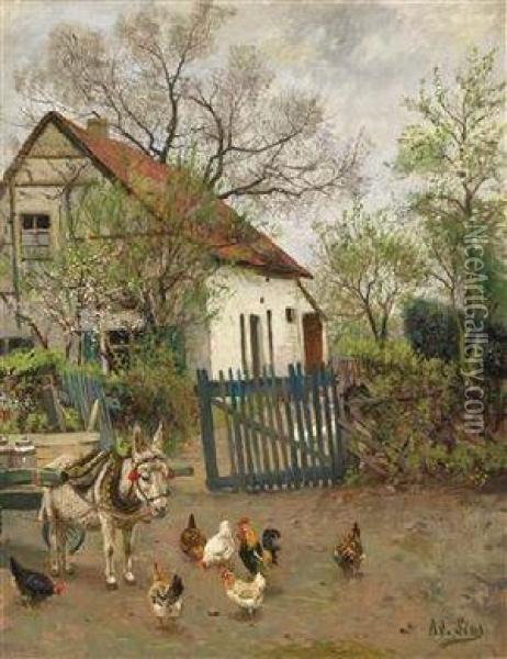 Rural Idyll With Donkeys And Fowl Oil Painting - Adolf Lins