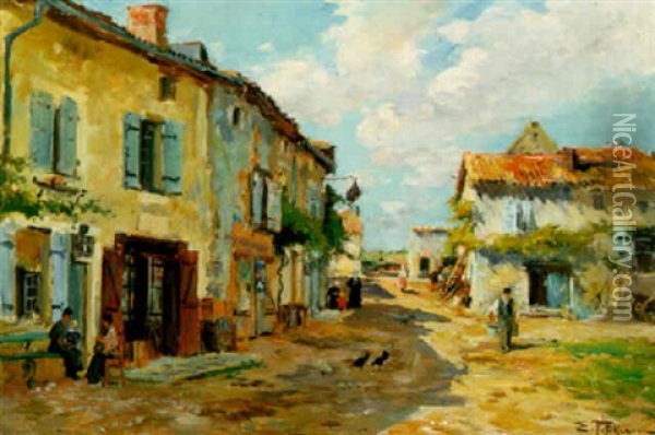 A Village Scene Oil Painting - Edmond Marie Petitjean