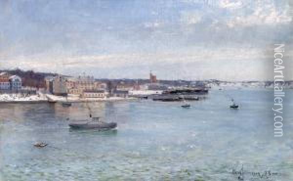 Vy Fran Slussen Mot Skeppsholmen Oil Painting - Carl August Johansson