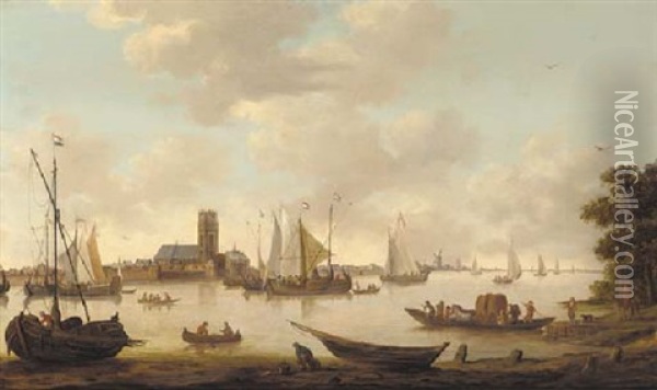 View Of Dordrecht  From The River Maas Oil Painting - Hendrick De Meijer