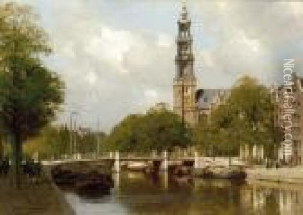 The Westertoren On The Prinsengracht, Amsterdam Oil Painting - Johannes Christiaan Karel Klinkenberg