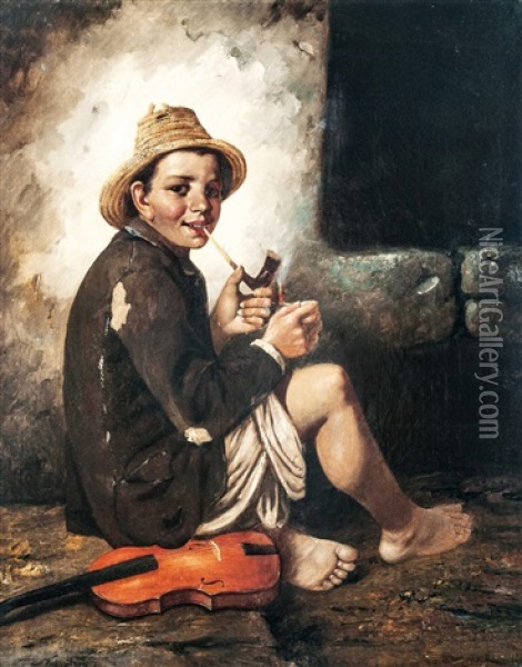 Boy Smoking A Pipe Oil Painting - Janos Valentiny