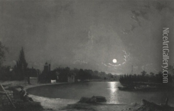 Figures Before A Lake In A Moonlit Landscape With A Town Beyond Oil Painting - Henry Pether