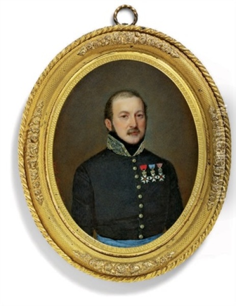 An Officer In Military Uniform, Blue Coat With Silver-embroidered Collar Oil Painting - Carlo (Charles) Errani