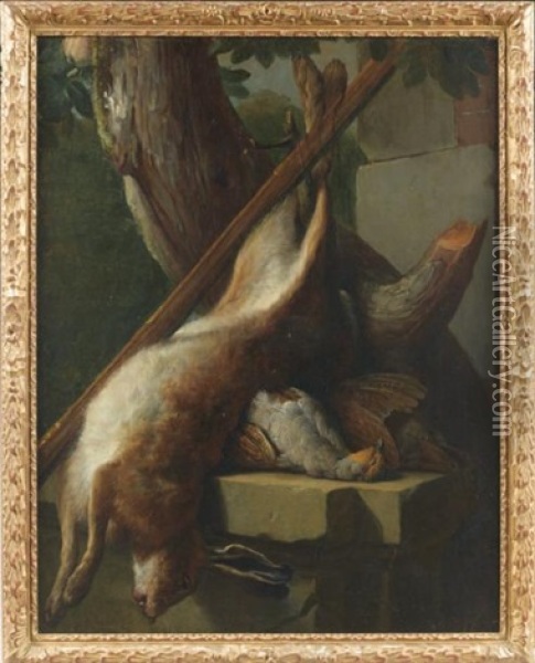 Trophee De Chasse Au Lievre Et Aux Oiseaux Sur Un Entablement Oil Painting - Alexandre Francois Desportes